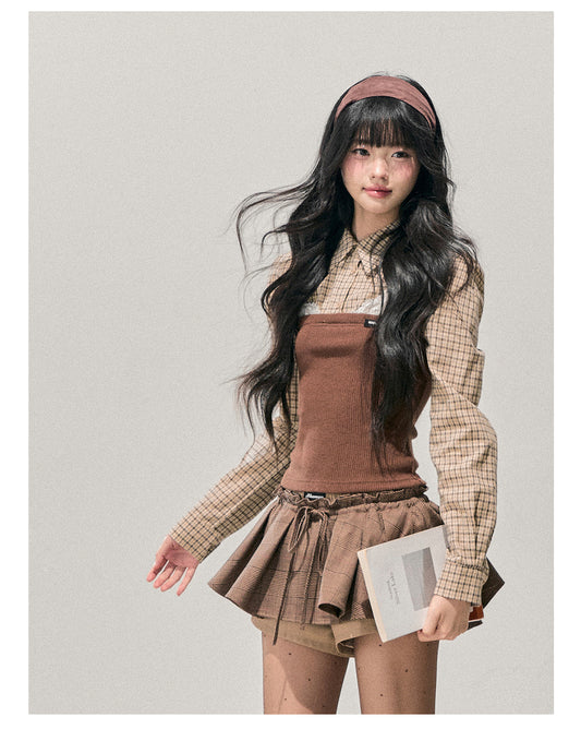 少也眼 "Falling Leaves Trace" Faux Layered Lace Plaid Knit Top