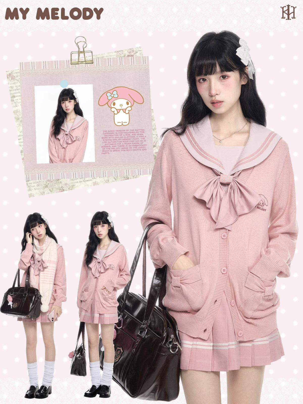 “Melody Blush” Pink Knit Cardigan & Sailor Uniform Set