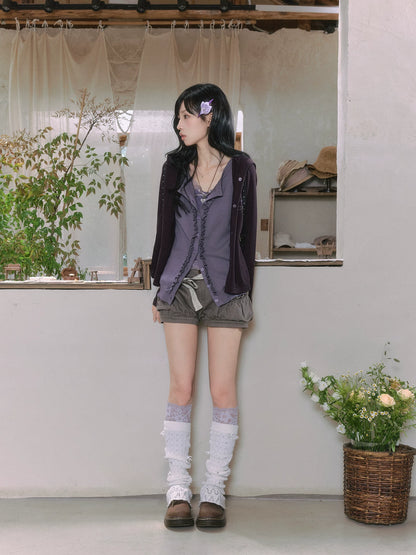 "Sage Whisper" Layered Knit Collection (Hooded Knit Cardigan / Lace Cami / Bubble Shorts)
