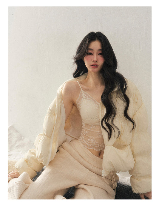 181225 “She Gazes at the Snow” White Duck Down Cropped Jacket - Milky Apricot White