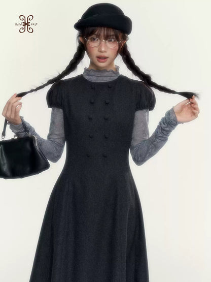 Vintage Double-Breasted Wool Dress & Knit Fringe Cape Set