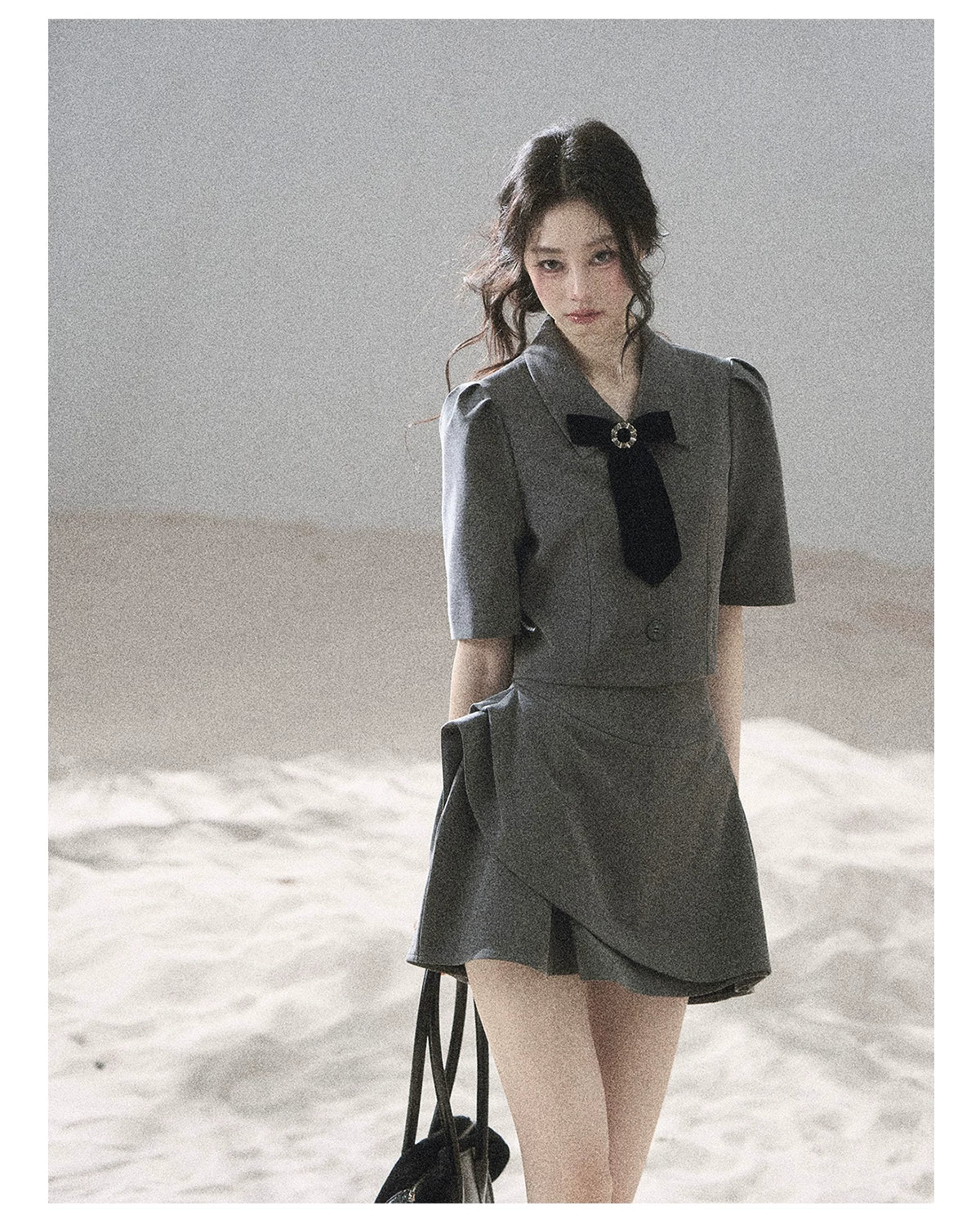 "Paris Afternoon" Slate Gray Bow Top & A-Line Mini Skirt Two-Piece Set