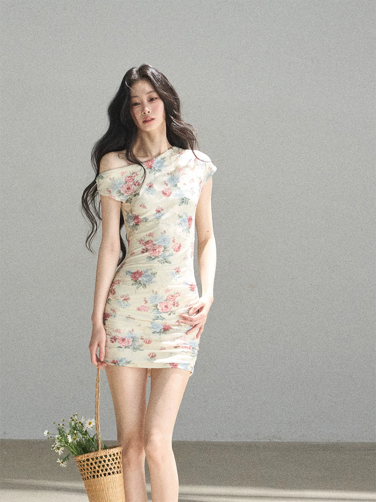 "Flowers & Sunlight" Dutch Cream Off-Shoulder Mesh Bodycon Mini Dress