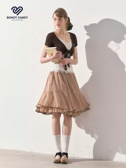 "Summer Café Encounter" Chocolate Knit Cardigan, Floral Lace Cami & Mocha Chiffon Skirt Set