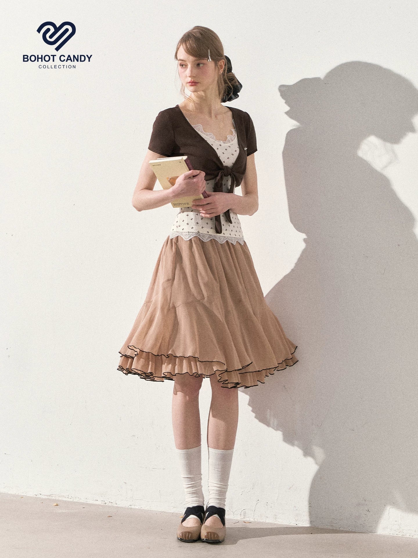 "Summer Café Encounter" Chocolate Knit Cardigan, Floral Lace Cami & Mocha Chiffon Skirt Set