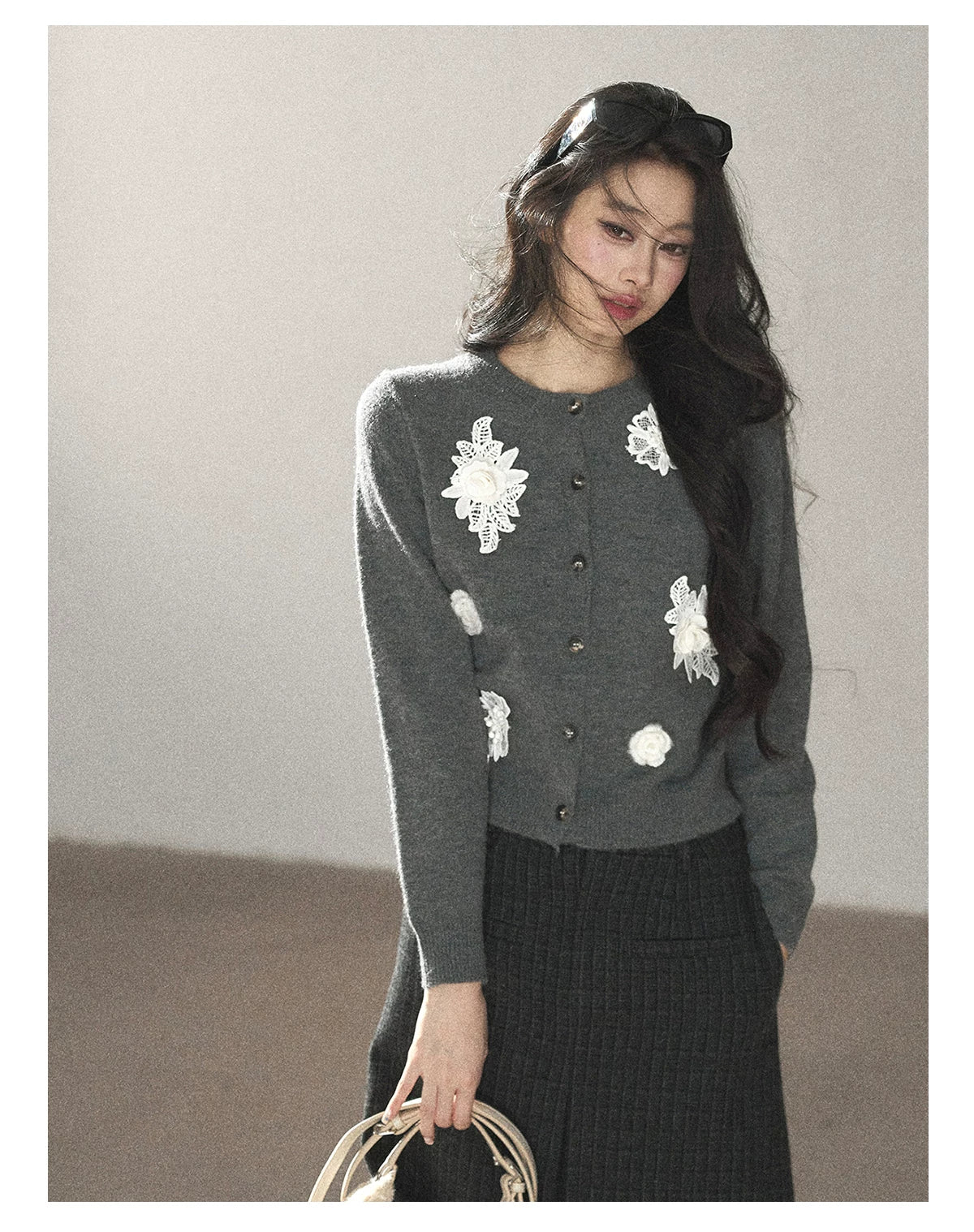 AOMALM - Paris Gray 3D Flower Knit Cardigan
