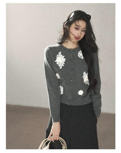 AOMALM - Paris Gray 3D Flower Knit Cardigan