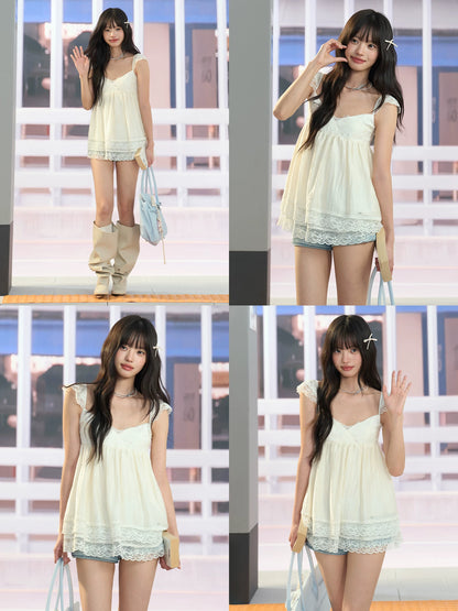 "Soft Departure" Apricot Lace V-Neck Babydoll Top