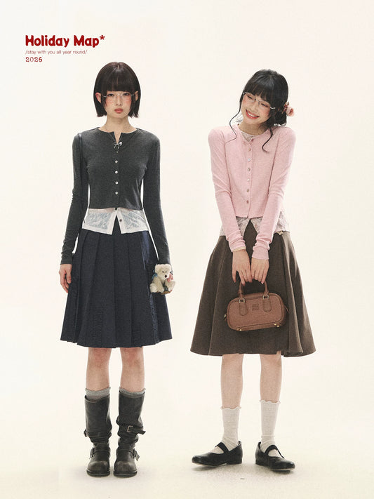 "Layered Blossom" Faux-Layer Knit Cardigan (Sakura Pink/ Heather Gray)