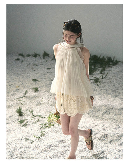 “Summer Light Through Pleats” Ivory Lace Pleated Halter Blouse