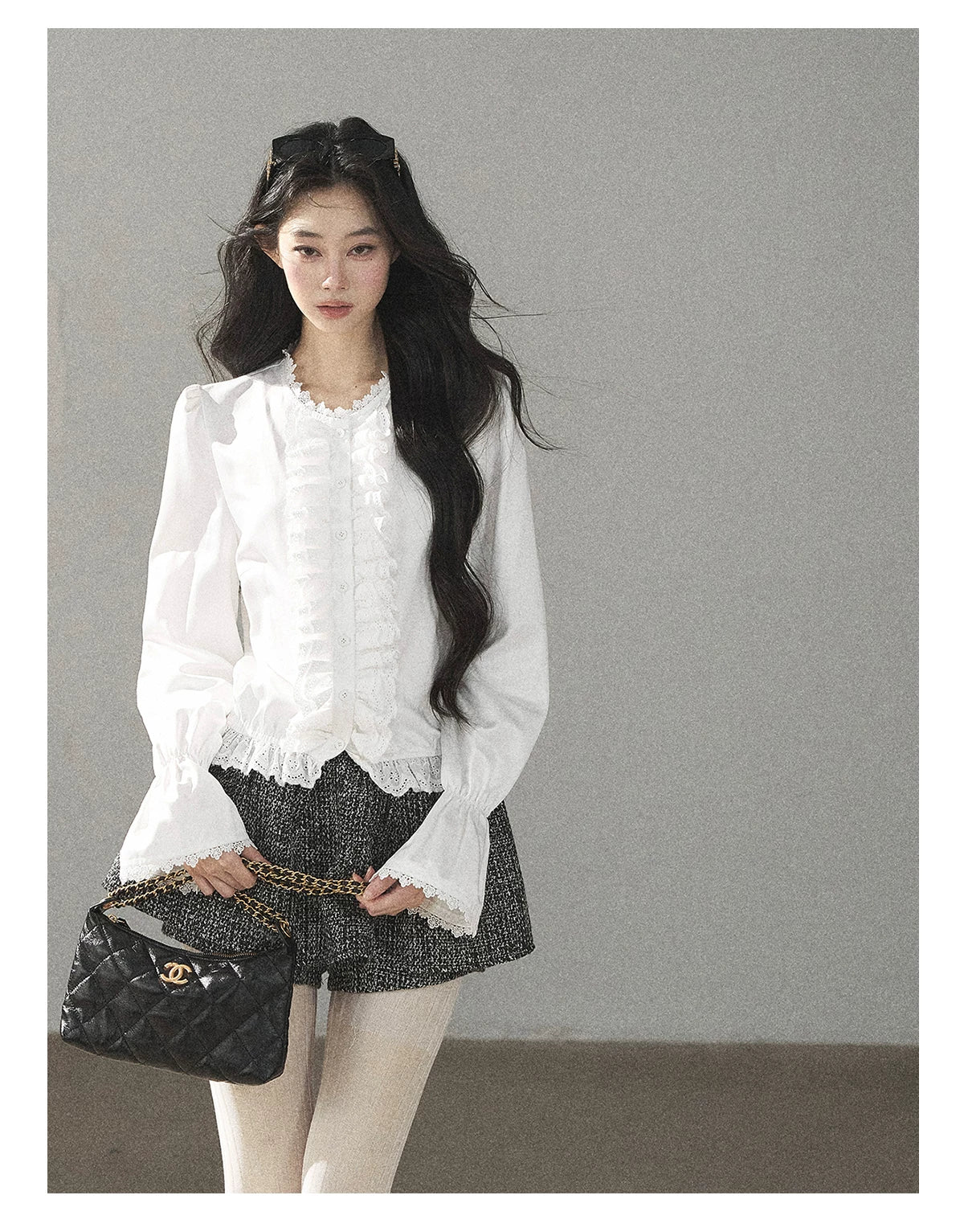 AOMALM - Black & Pearl White Tweed Jacket, Lace Blouse & Mini Skirt Set