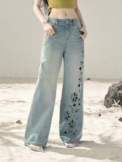 "Scent of Sea Salt" Vintage Blue Embroidered Wide-Leg Jeans 536843