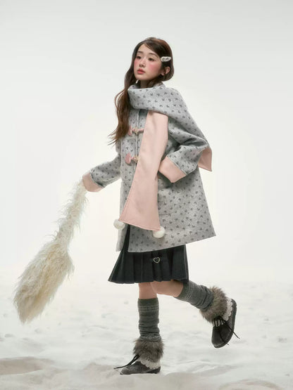 BIBIBENCY - Gray Floral Scarf-Trim Wool-Look Coat