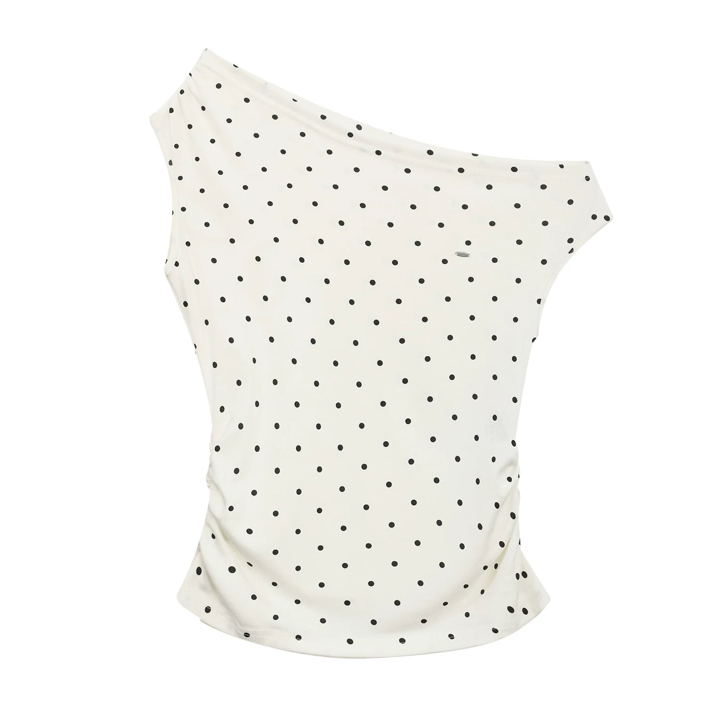 "Polished Departure" Polka Dot Off-Shoulder Ruched T-Shirt (White, Gray)