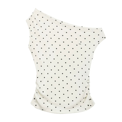 "Polished Departure" Polka Dot Off-Shoulder Ruched T-Shirt (White, Gray)