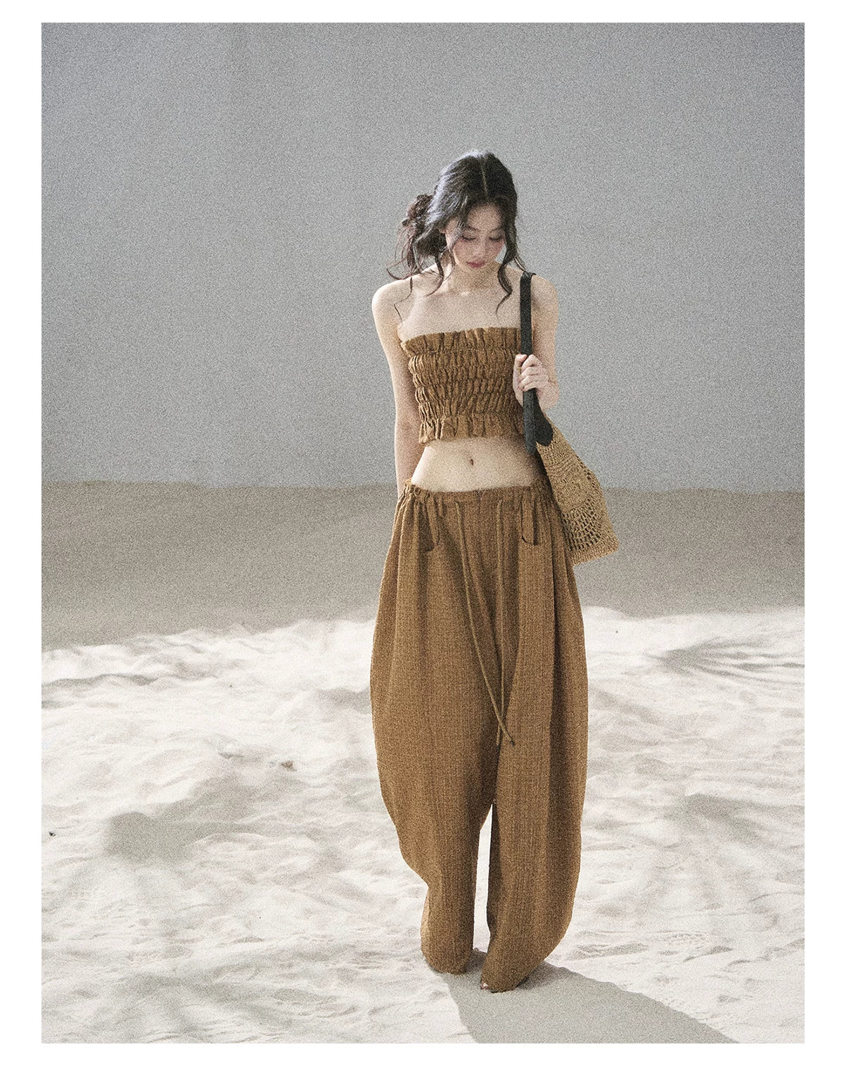 "Caramel Dusk" Ash Caramel Shirred Bandeau Top & Relaxed Pants Set