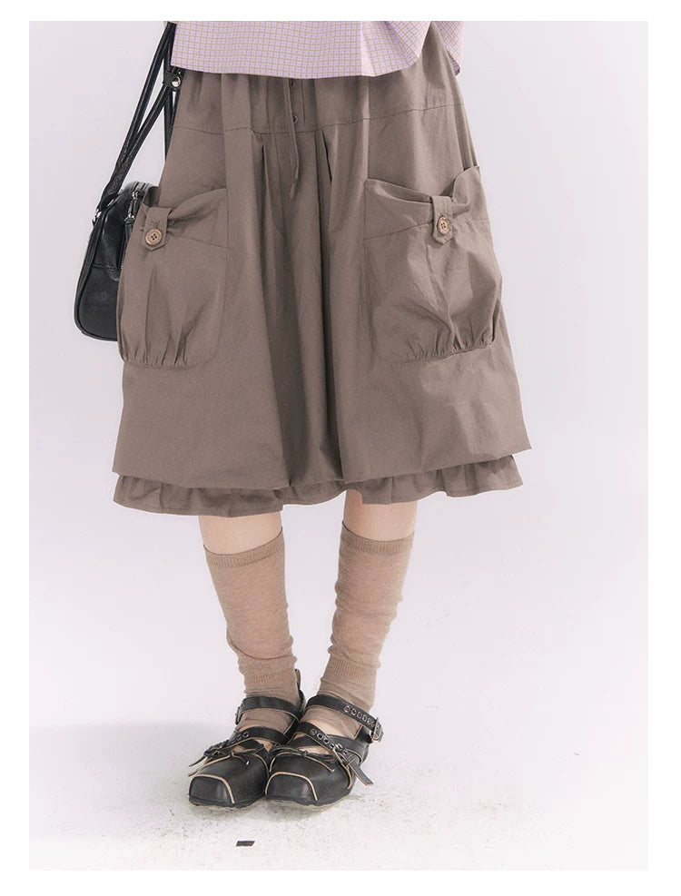 “Sweet & Cool Girl” Taupe Bow Drawstring High-Waist A-Line Cargo Skirt