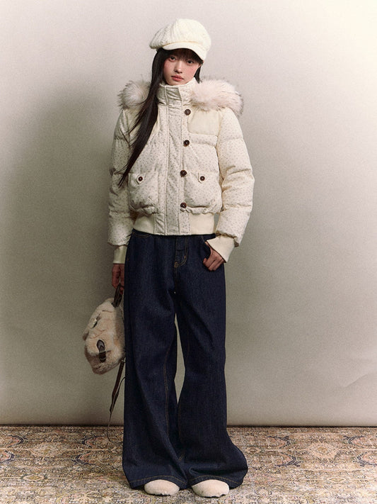 Soote Season - White Floral Faux Fur Collar Cropped Hooded Down Jacket