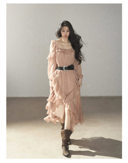 AOMALM - "Waiting for Sunset" Soft Pink French Ruffle Maxi Dress with Belt