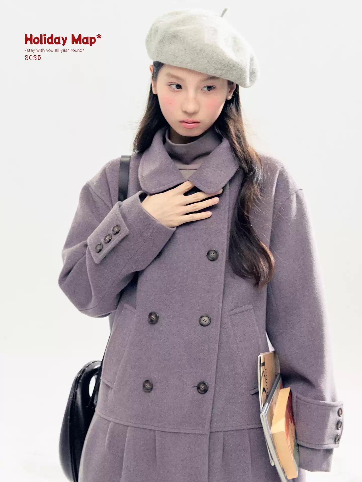 "Winter Chime" Double-Breasted Quilted Wool-Blend Coat (Smoky Purple/ Ash Gray)