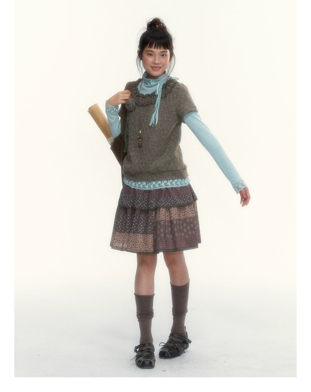“Caramel Patchwork” Brown Patchwork Floral Plaid Lace A-Line Tiered Skirt