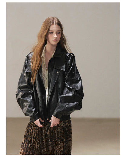 AOMALM - "Solo Journey" Quiet Black Oversized PU Moto Jacket