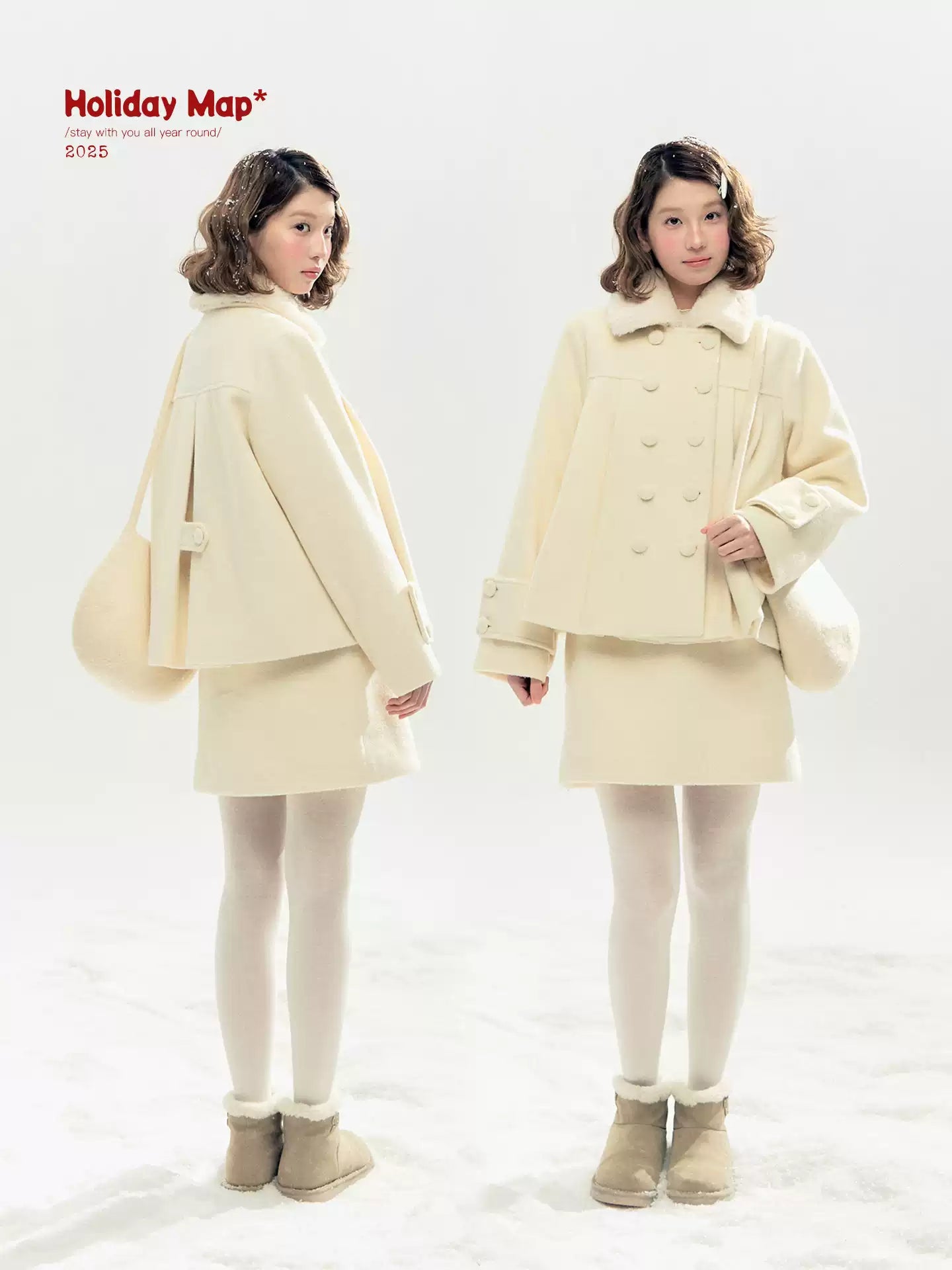 "Berlin Snowfall" Double-Breasted Quilted Wool-Blend Peacoat (Ivory/ Chocolate Brown)