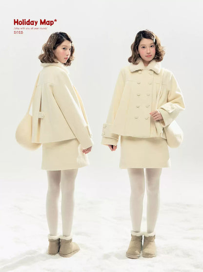 "Berlin Snowfall" Double-Breasted Quilted Wool-Blend Peacoat (Ivory/ Chocolate Brown)