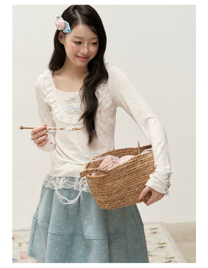 [RF] Cream Floral Peter Pan Collar Long-Sleeve Fitted Layering Top with Lace Details