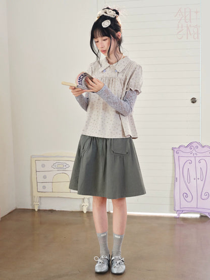 DAILY ARTIST - “Blue Letters of Memory” Gray Blue Floral Faux-Layer Lace Knit Top