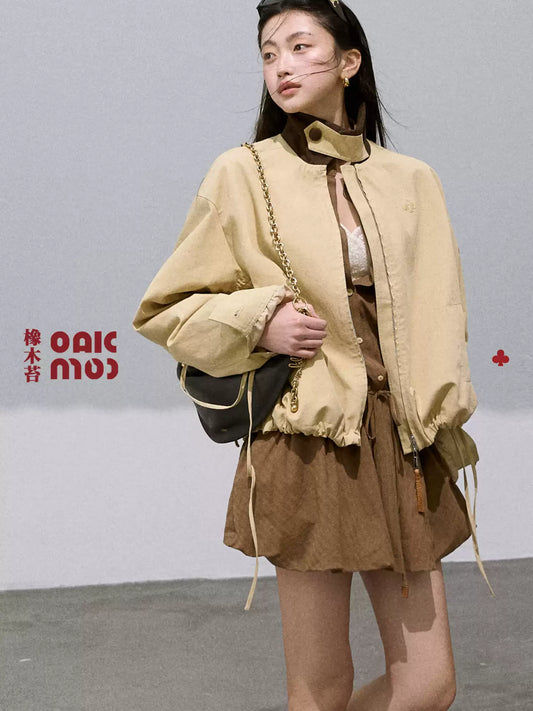 OAKMOO - Vintage Textured Cotton-Linen Jacket with Adjustable Ties – Amber Almond 25Q361