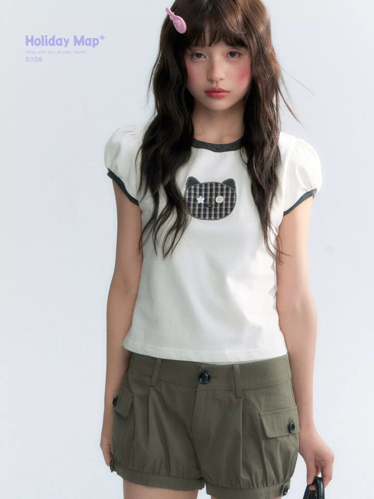 "Hide and Seek" Ivory Cat Patchwork Embroidered Puff Sleeve T-Shirt