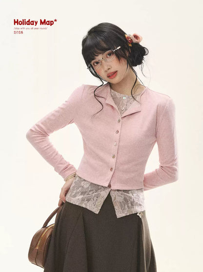 "Layered Blossom" Faux-Layer Knit Cardigan (Sakura Pink/ Heather Gray)