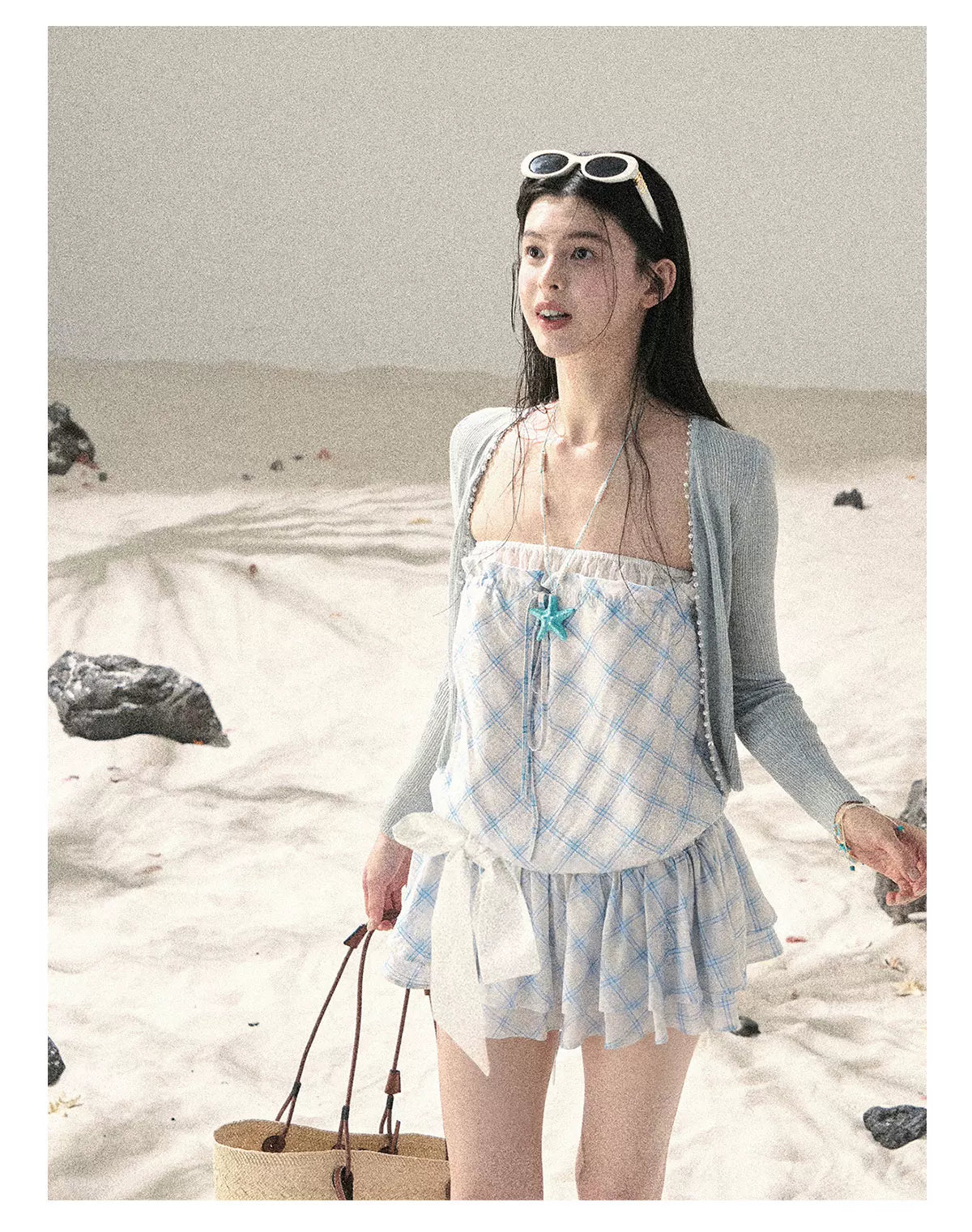 "Breeze Upon the Waves" Ice Crystal Blue Off-Shoulder Diamond Quilted Mini Dress