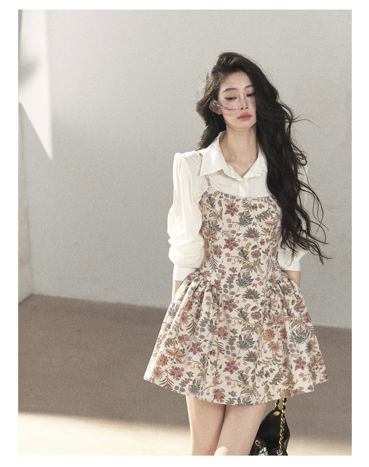 AOMALM - Dutch Cheese Floral Mini Dress & Creamy White Blouse Set