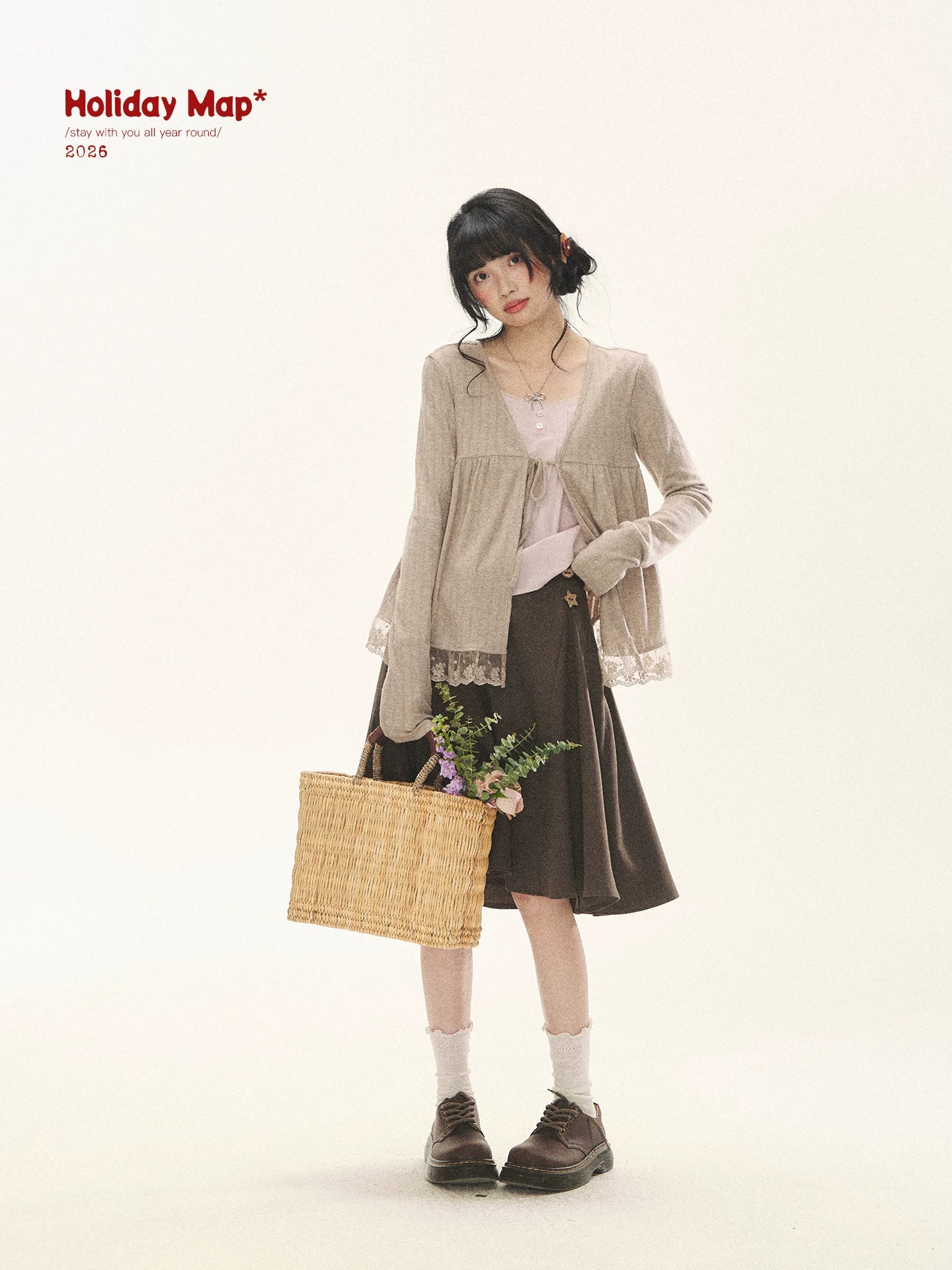 "Roasted Tea Heart" Milk Tea Faux-Layer Lace Cardigan & Skirt Set