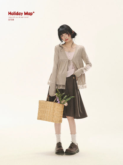 "Roasted Tea Heart" Milk Tea Faux-Layer Lace Cardigan & Skirt Set
