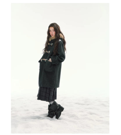 CANSTORE - "Winterland Journey" Black Hooded Wool-Blend Coat with Detachable Faux Fur Collar