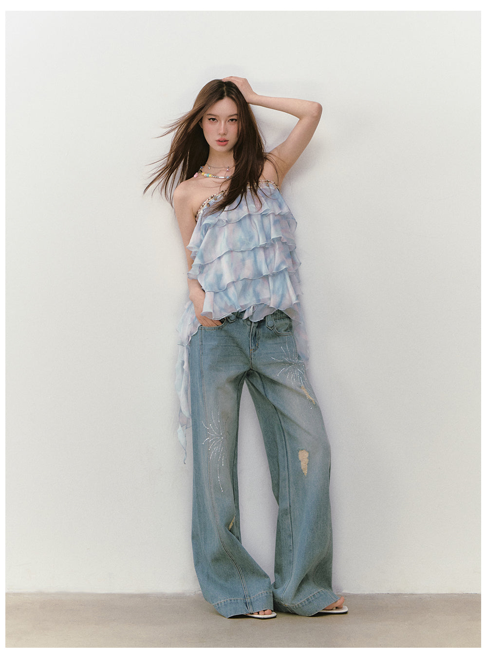 VIAPITTI - Firework Rhinestone Double-Waistband Jeans