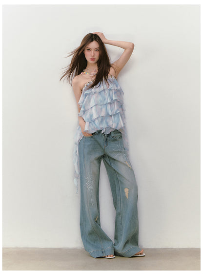 VIAPITTI - Firework Rhinestone Double-Waistband Jeans
