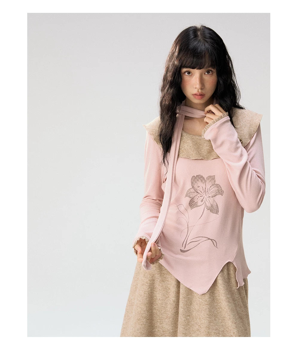 [CAN] "Dusky Floral Whispers" Blush & Chestnut Brown Set (Long Sleeve Top / Tassel Mini Skirt)
