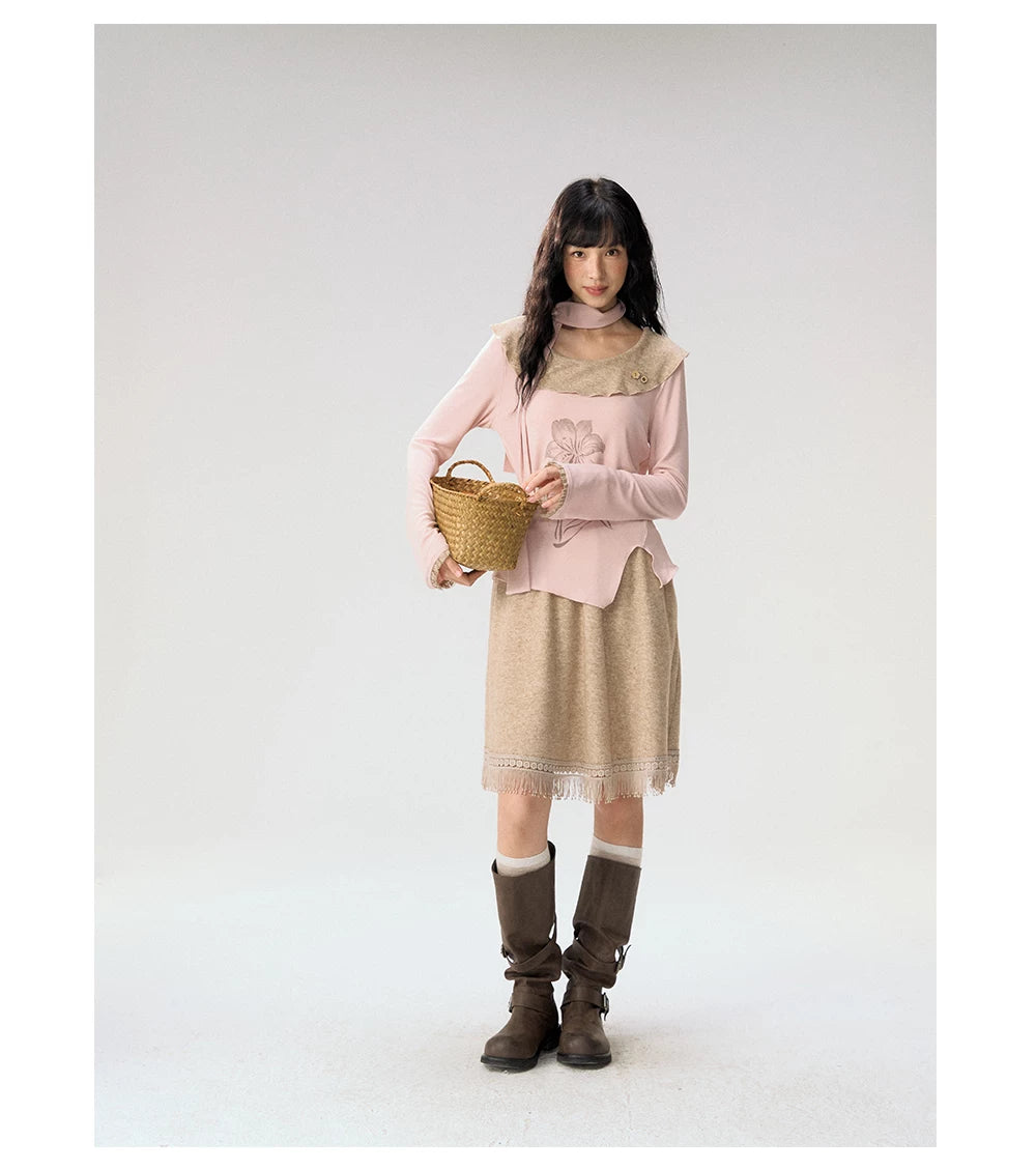 [CAN] "Dusky Floral Whispers" Blush & Chestnut Brown Set (Long Sleeve Top / Tassel Mini Skirt)