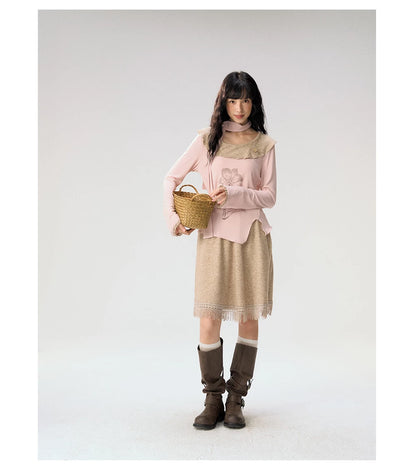 [CAN] "Dusky Floral Whispers" Blush & Chestnut Brown Set (Long Sleeve Top / Tassel Mini Skirt)
