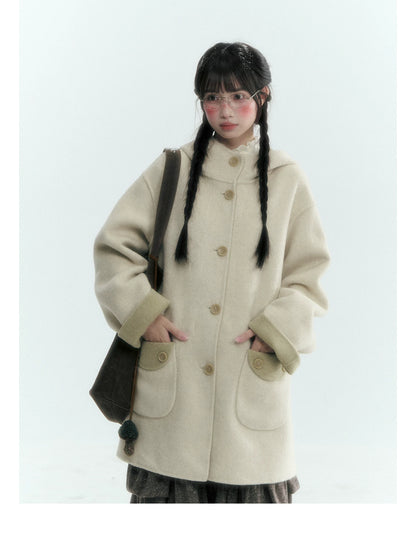 Horridale - Moss Green and Cream Reversible Hooded Wool Coat