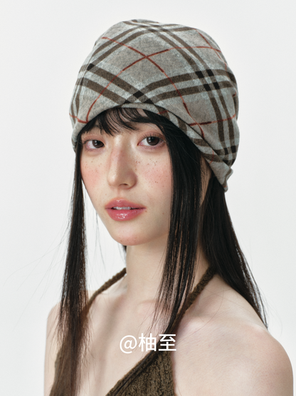 Vintage Plaid Hooded Scarf Hat – 2-in-1 Slouchy Ear-Warmer Cap