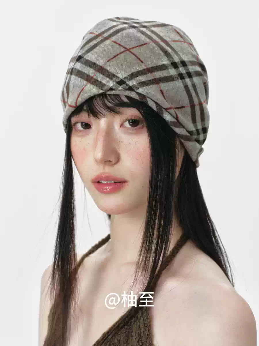 Vintage Plaid Hooded Scarf Hat – 2-in-1 Slouchy Ear-Warmer Cap