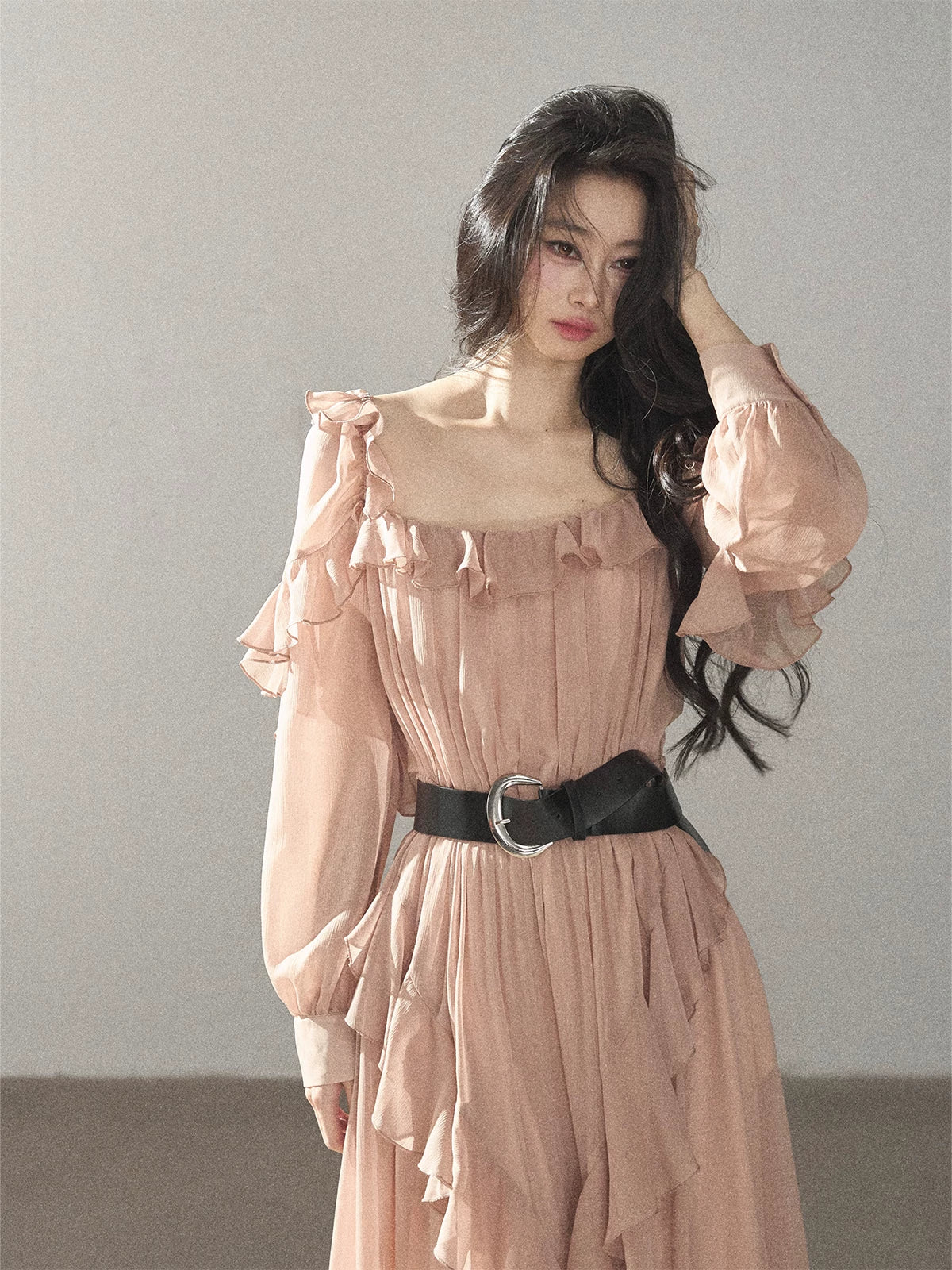 AOMALM - "Waiting for Sunset" Soft Pink French Ruffle Maxi Dress with Belt