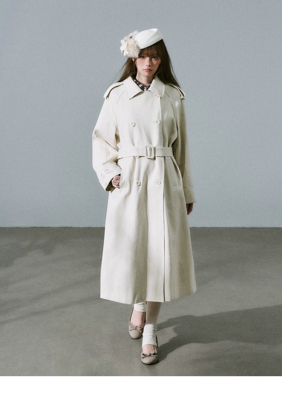 LOST FOREST - Almond Milk White Cutout Embroidered Trench Coat
