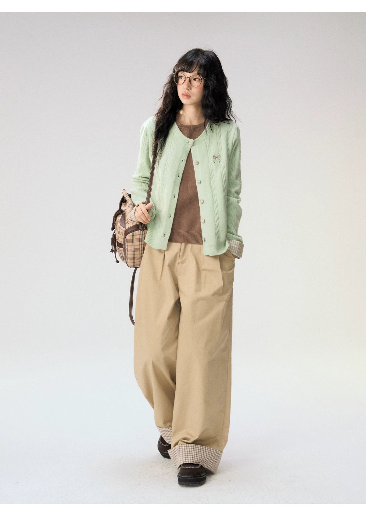 [CAN] "Autumn Letter" Bow Embroidered Faux-Layered Cable Knit Cardigan (Pink & White / Sage Green & Brown)