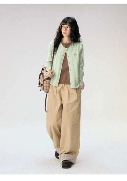 [CAN] "Autumn Letter" Bow Embroidered Faux-Layered Cable Knit Cardigan (Pink & White / Sage Green & Brown)
